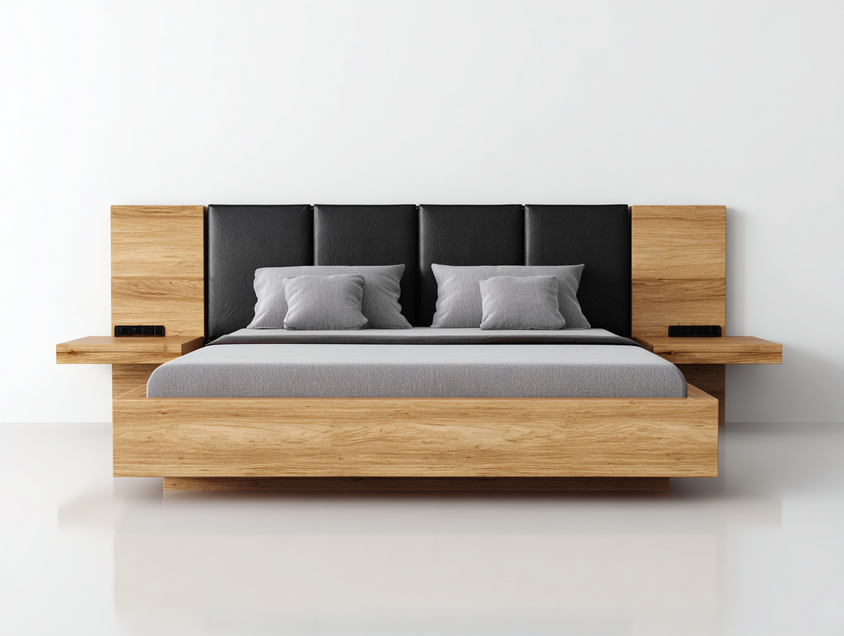 Lit double en bois clair et cuir noir 215x175x115 cm - avec tête de lit rembourrée et tables de chevet intégrées-Dwellingora