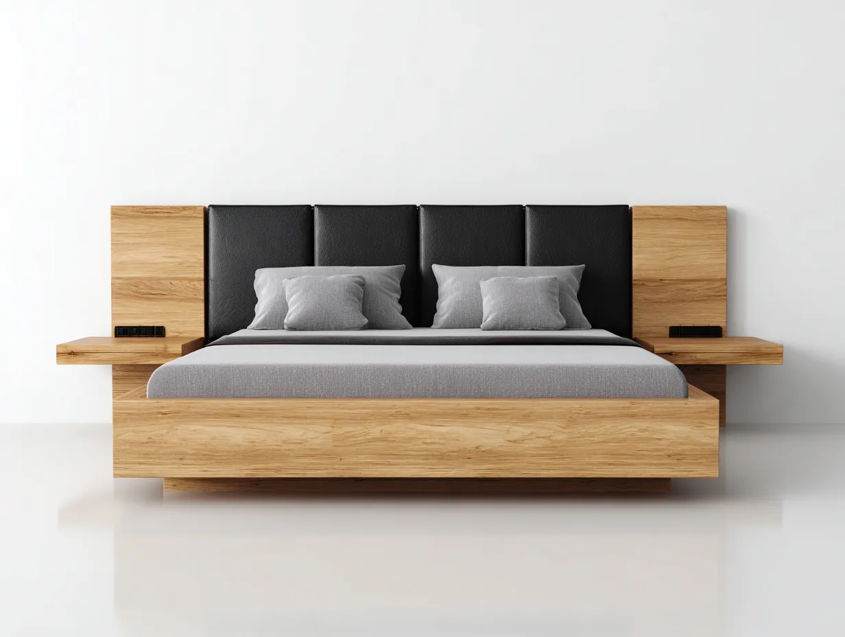 Lit double en bois clair et cuir noir 215x175x115 cm - avec tête de lit rembourrée et tables de chevet intégrées-Dwellingora