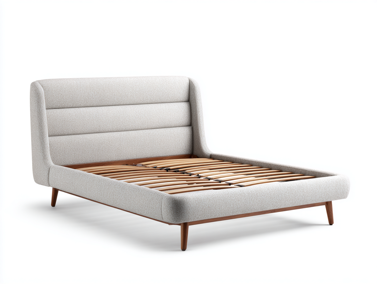 Lit double tapissé 210x165x105 cm - gris clair/noyer - style scandinave avec pieds en bois-Dwellingora