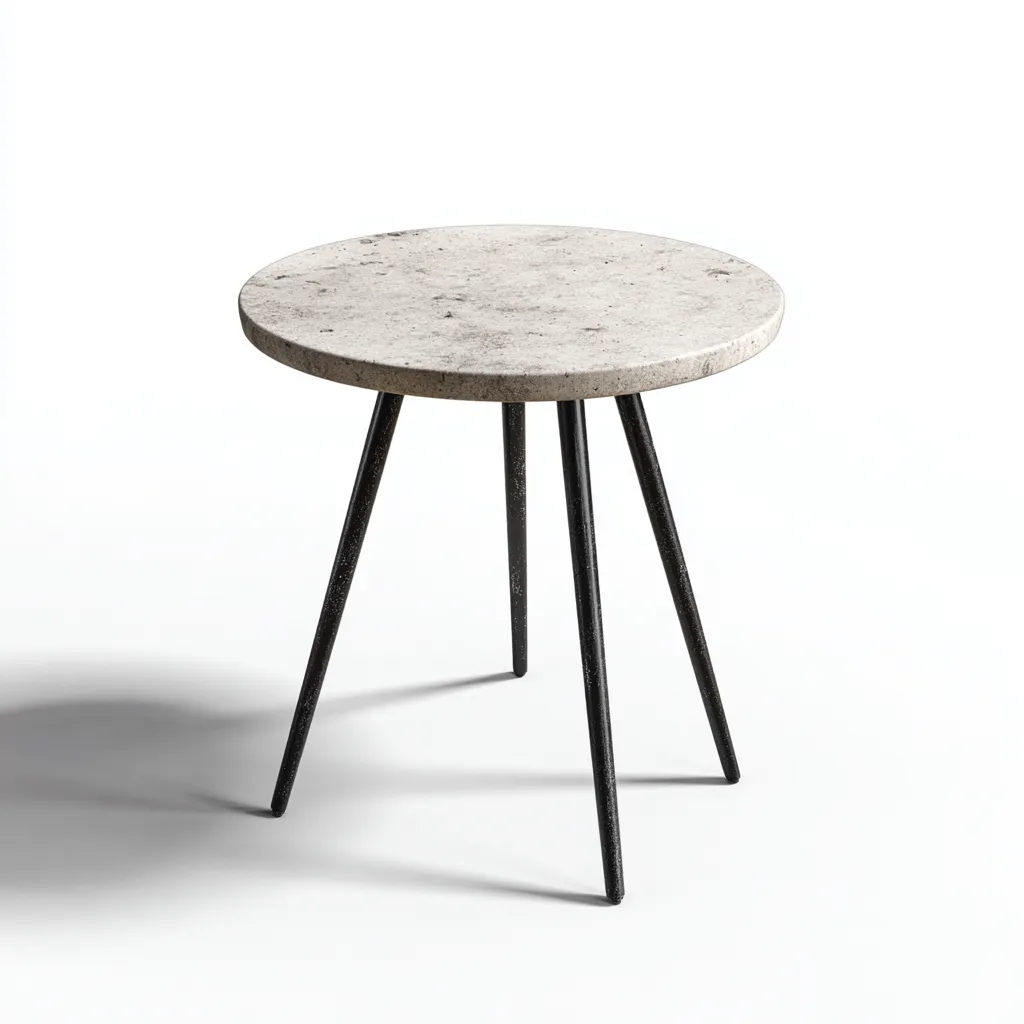 Table d'appoint ronde - plateau en pierre gris clair et pieds en métal noir - 45x45x50 cm - style industriel pour salon-Dwellingora