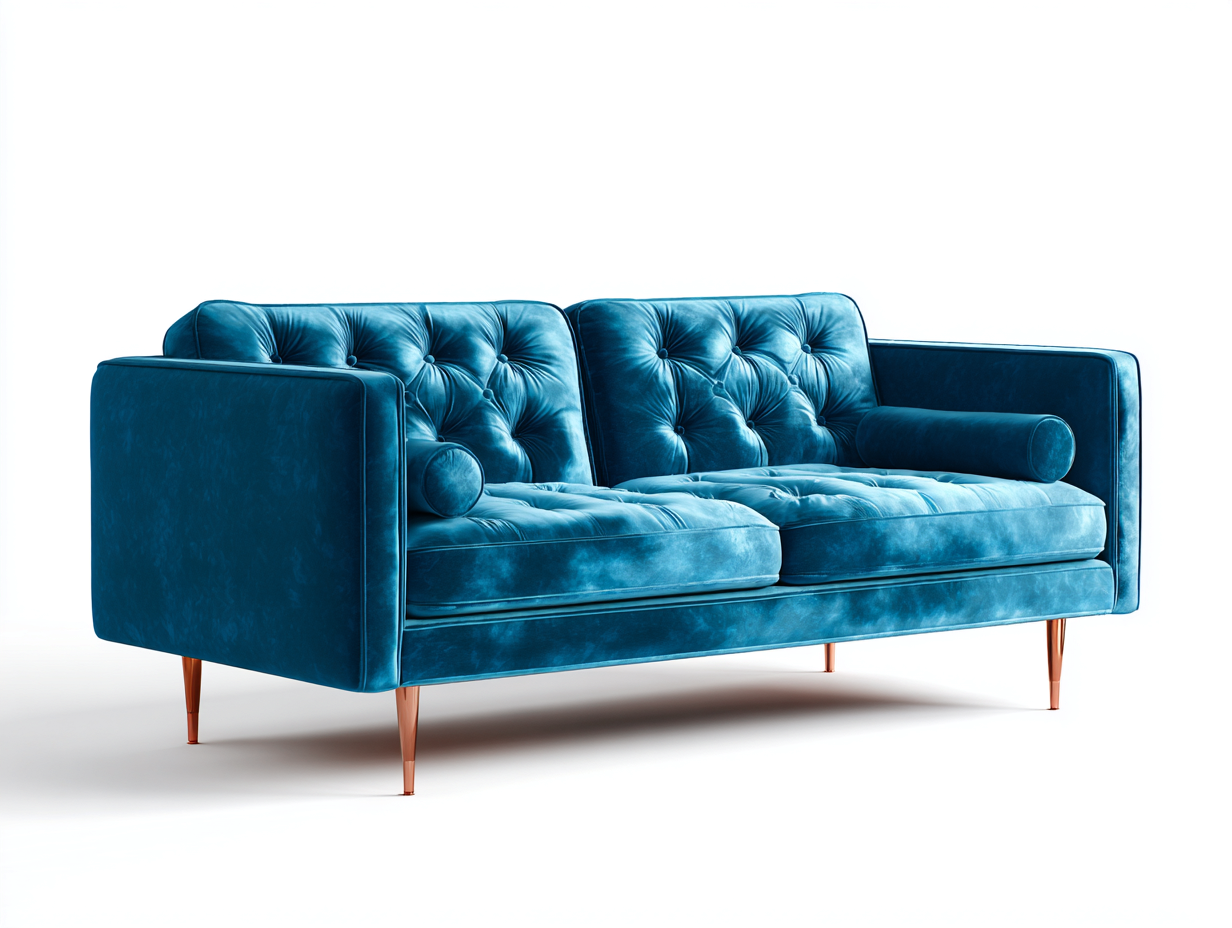 Canapé 3 places en velours bleu 195x90x88 cm - pieds cuivrés - style capitonné moderne-Luxeixe