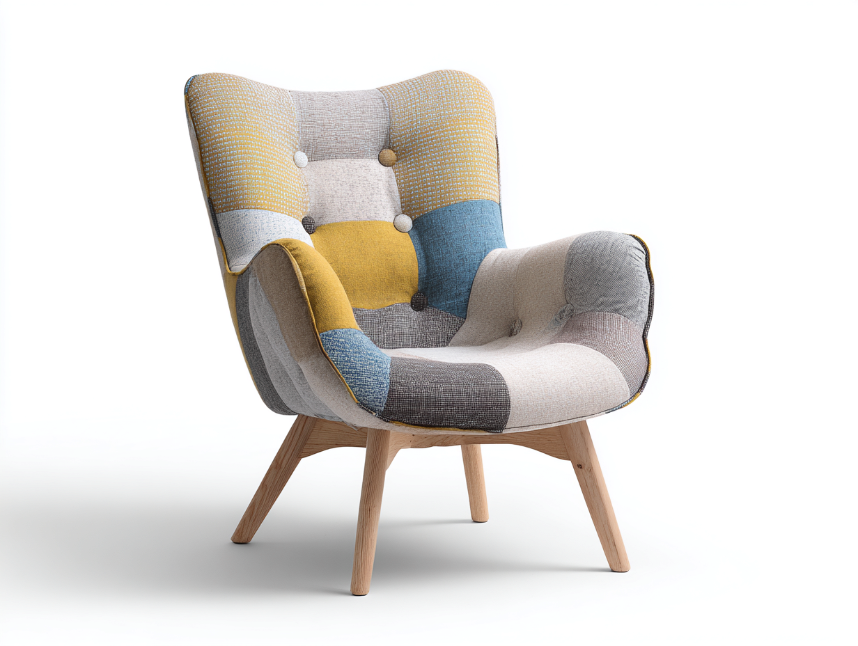 Fauteuil en tissu multicolore 83x86x94 cm - pieds en bois naturel - design patchwork nordique contemporain-Luxeixe