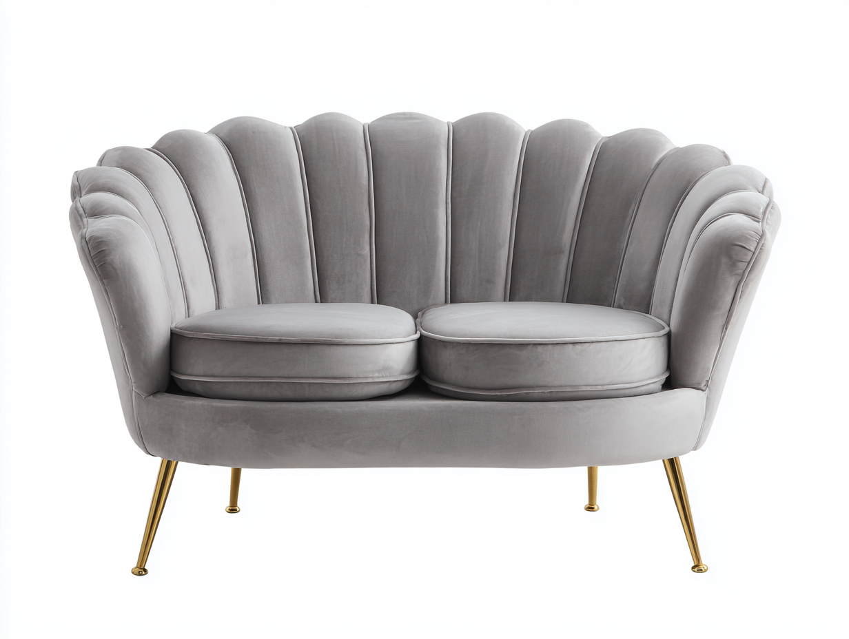 Canapé 2 places en velours gris clair 140x85x90 cm - pieds dorés - style coquillage art déco-Luxeixe