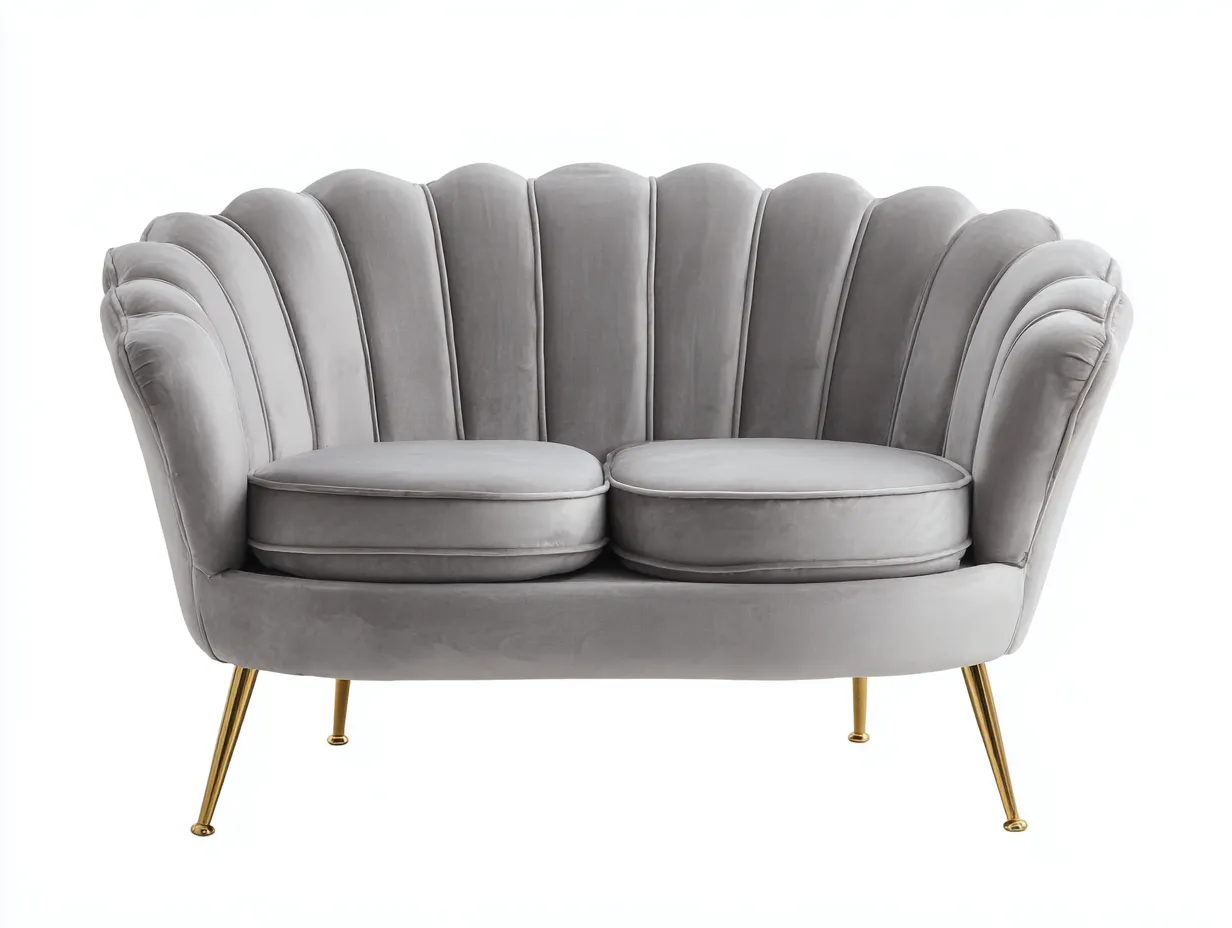Canapé 2 places en velours gris clair 140x85x90 cm - pieds dorés - style coquillage art déco-Luxeixe