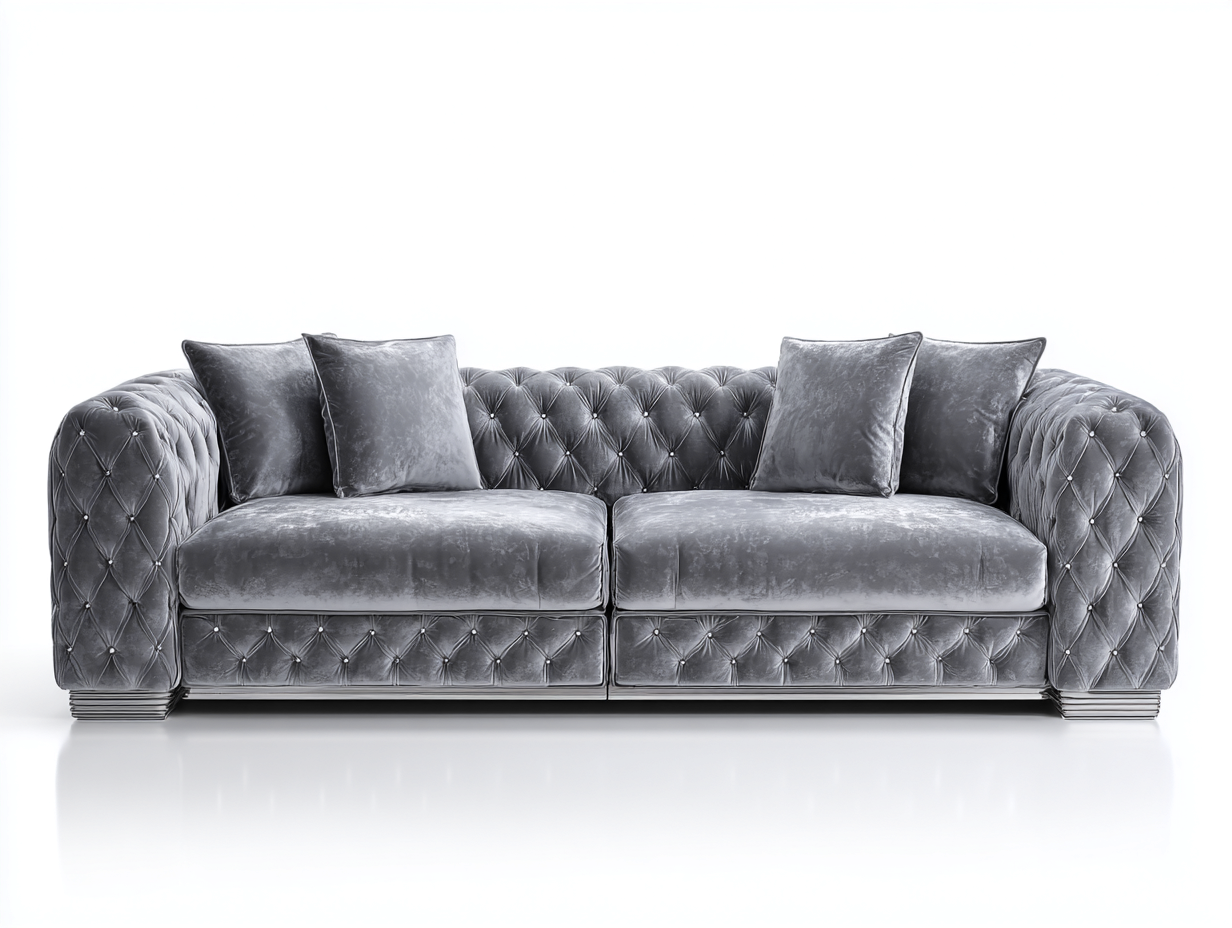 Canapé trois places en velours 230x100x80 cm - gris clair - style Chesterfield capitonné-Luxeixe
