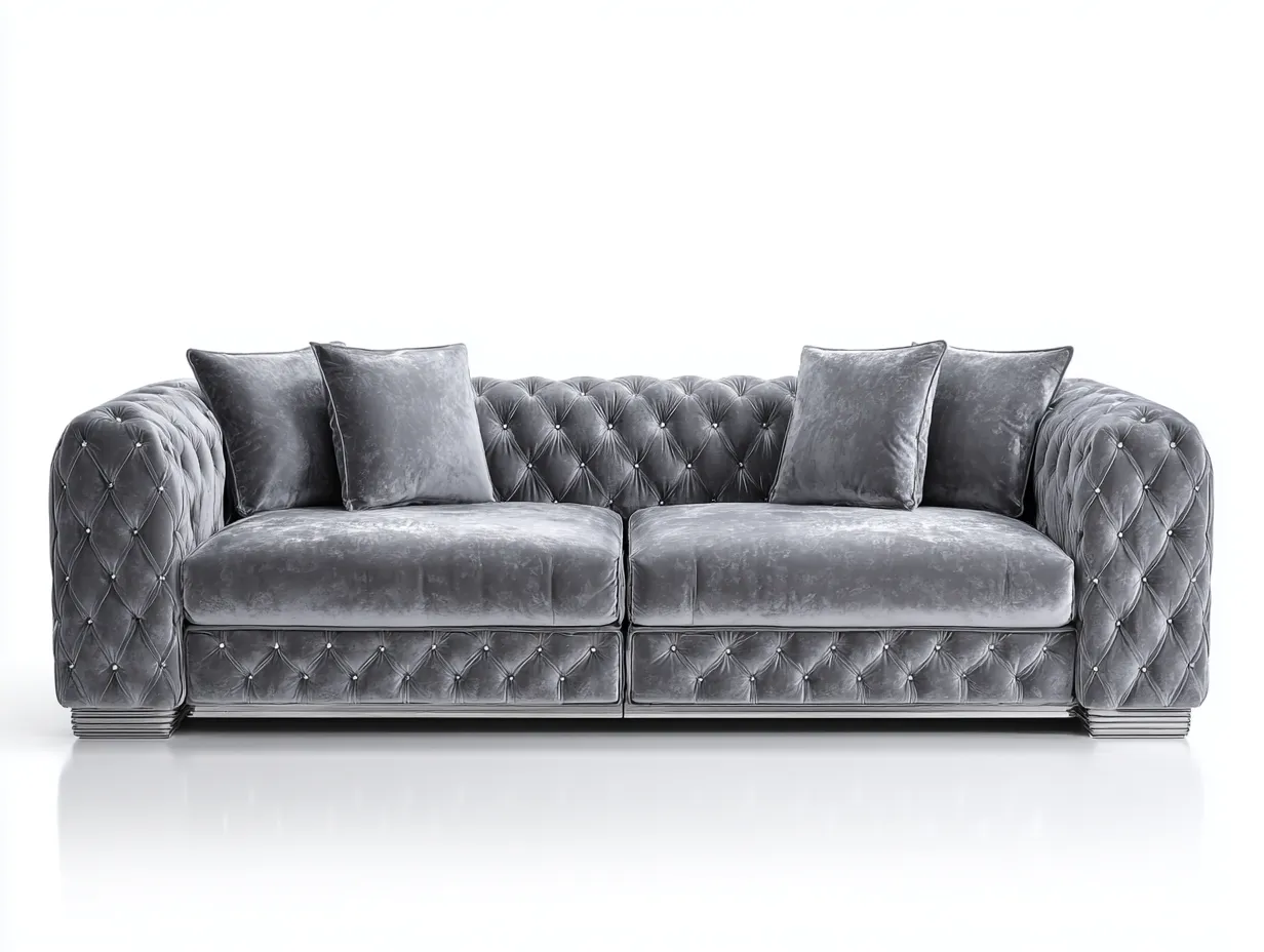 Canapé trois places en velours 230x100x80 cm - gris clair - style Chesterfield capitonné-Luxeixe