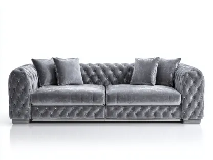 Canapé trois places en velours 230x100x80 cm - gris clair - style Chesterfield capitonné-Luxeixe