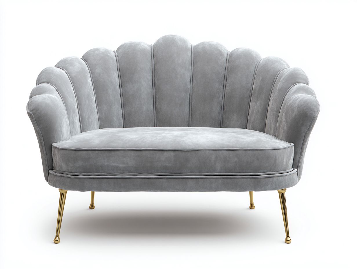 Canapé 2 places en velours gris 140x85x90 cm - pieds dorés - style coquillage art déco-Luxeixe