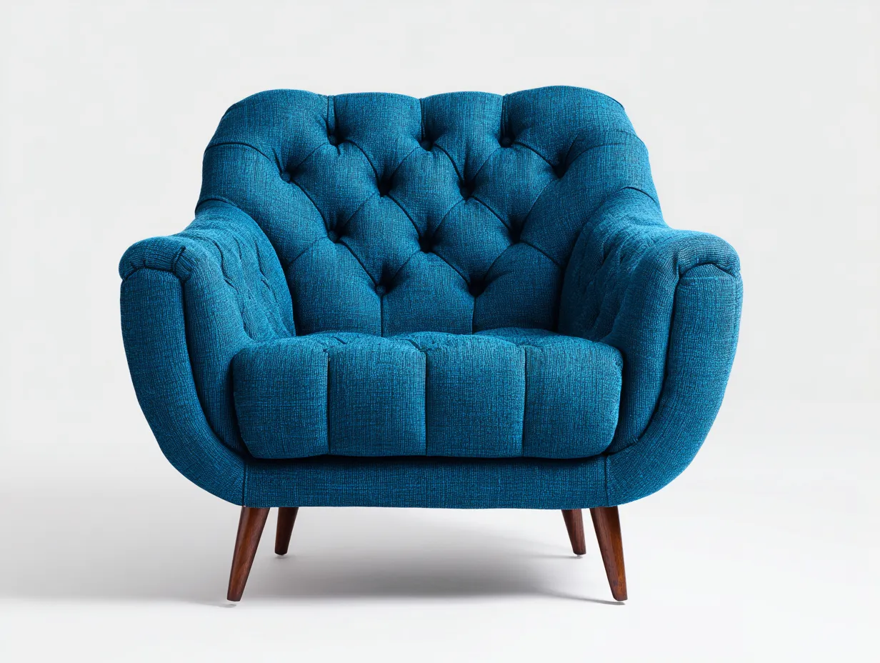 Fauteuil en tissu bleu 90x85x88 cm - style capitonné - pieds en bois foncé-Luxeixe