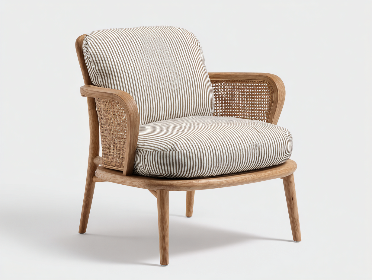 Fauteuil en rotin et bois naturel 78x80x86 cm - coussins à rayures beige et blanc - style bohème chic-Luxeixe