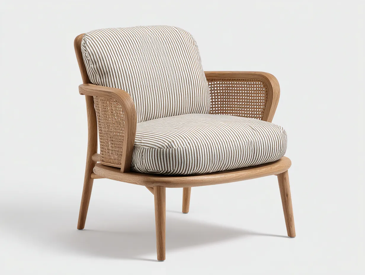 Fauteuil en rotin et bois naturel 78x80x86 cm - coussins à rayures beige et blanc - style bohème chic-Luxeixe