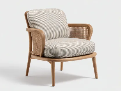 Fauteuil en rotin et bois naturel 78x80x86 cm - coussins à rayures beige et blanc - style bohème chic-Luxeixe