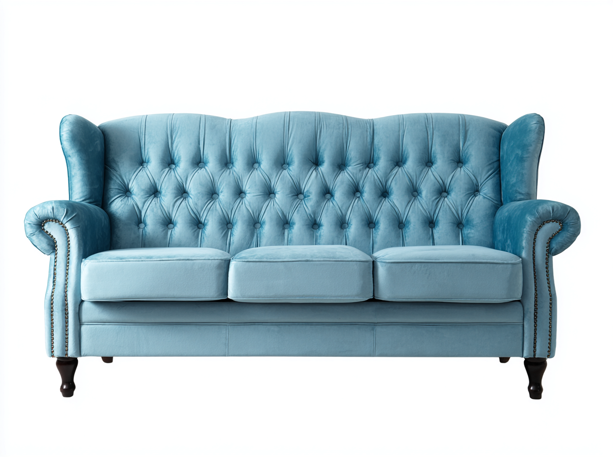 Canapé trois places en velours bleu clair 215x90x100 cm - dossier haut capitonné - élégance classique et confort supérieur-Luxeixe