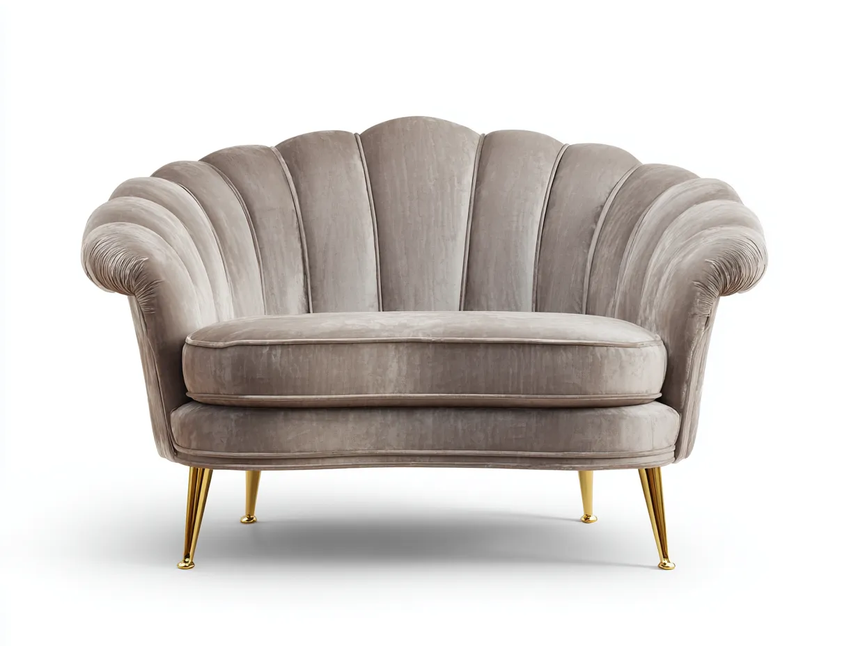 Canapé 2 places en velours gris clair 145x90x85 cm - design moderne - dossier coquillage et pieds dorés-Luxeixe