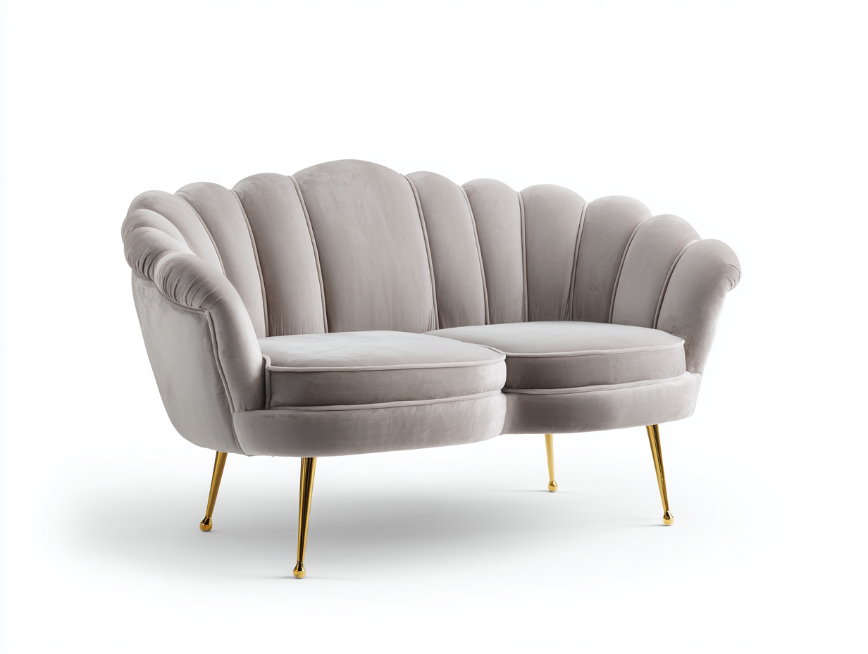Canapé deux places en velours gris clair 165x88x90 cm - pieds dorés - design coquillage élégant-Luxeixe