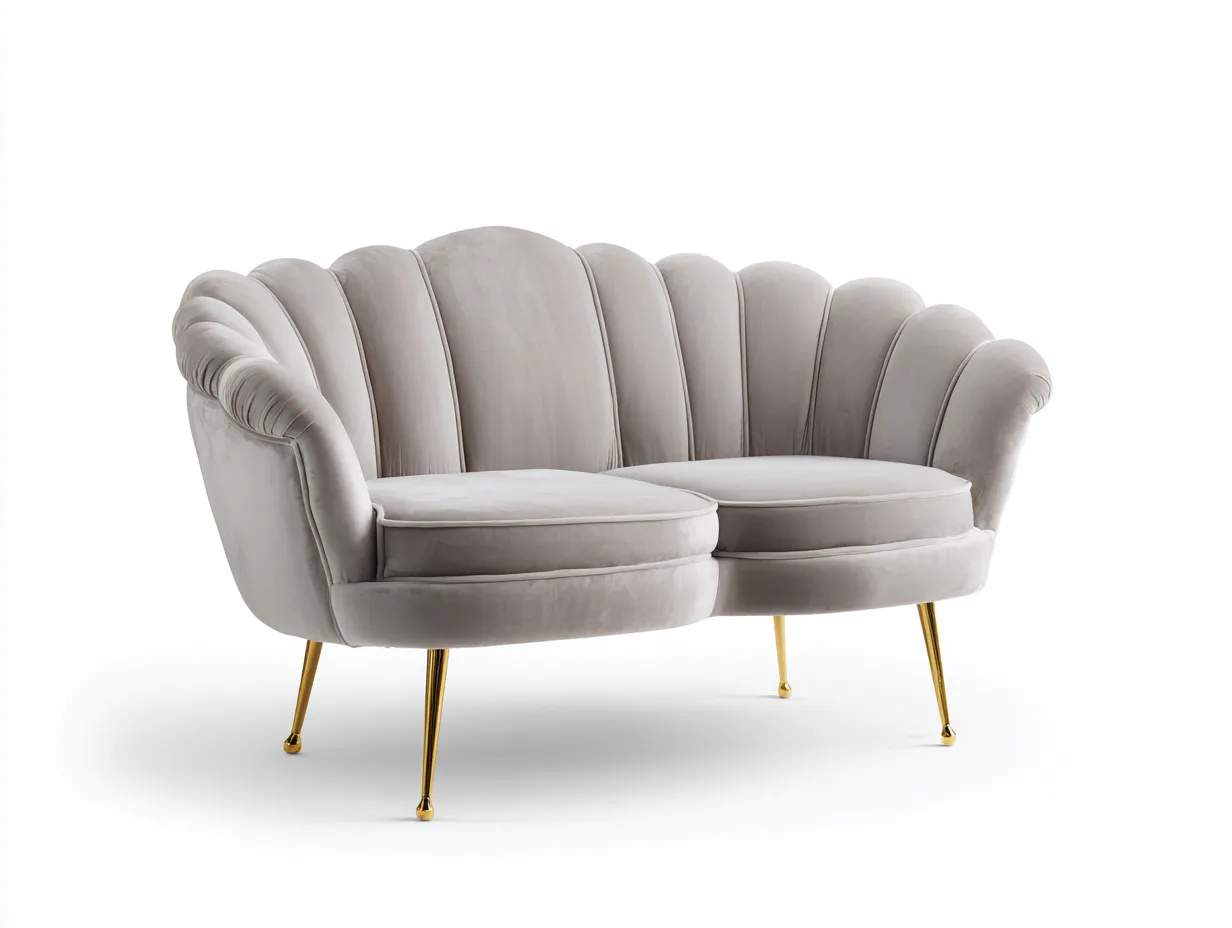 Canapé deux places en velours gris clair 165x88x90 cm - pieds dorés - design coquillage élégant-Luxeixe