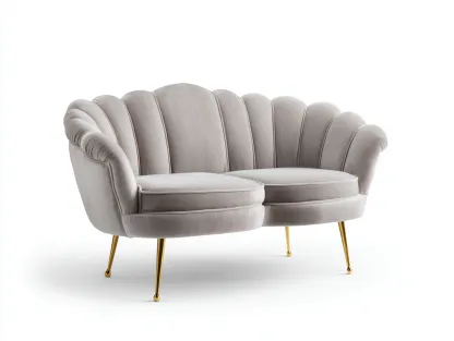 Canapé deux places en velours gris clair 165x88x90 cm - pieds dorés - design coquillage élégant-Luxeixe