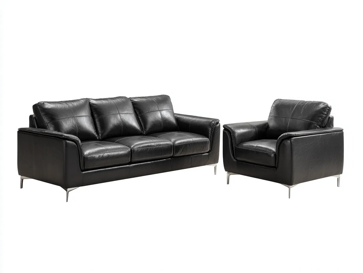 Ensemble canapé 3 places et fauteuil en cuir noir 210x95x85 cm et 100x90x85 cm - design contemporain - pieds métalliques - confort haut de gamme-Luxeixe