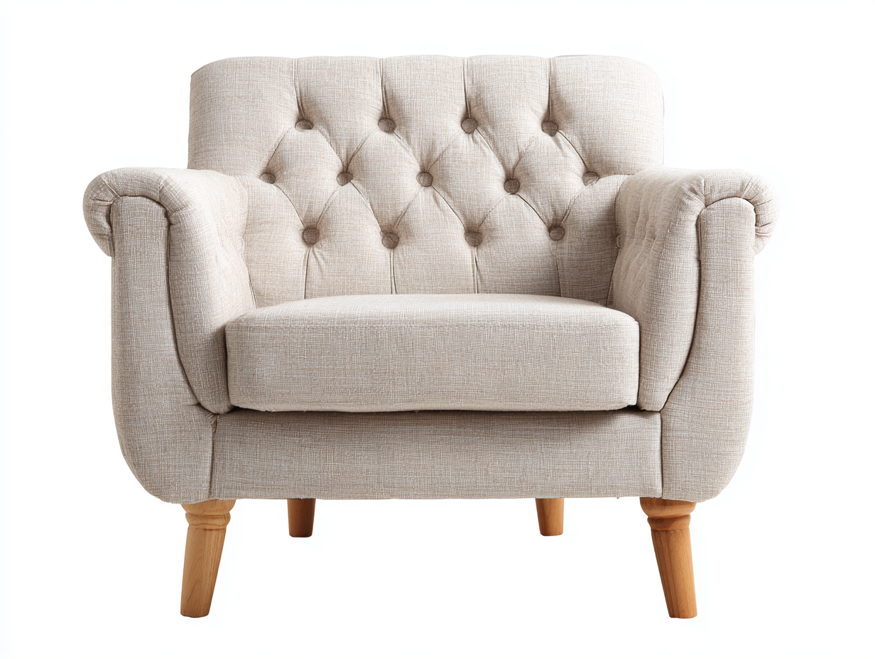 Fauteuil en tissu beige 90x85x88 cm - pieds en bois - style classique capitonné-Luxeixe