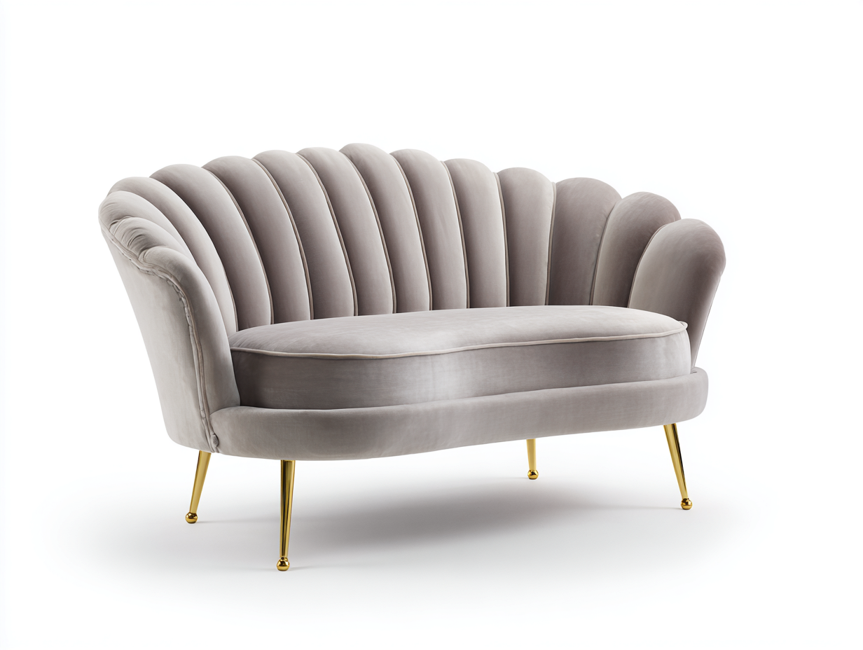 Canapé deux places en velours gris perle 150x85x88 cm - pieds dorés - design coquillage contemporain-Luxeixe