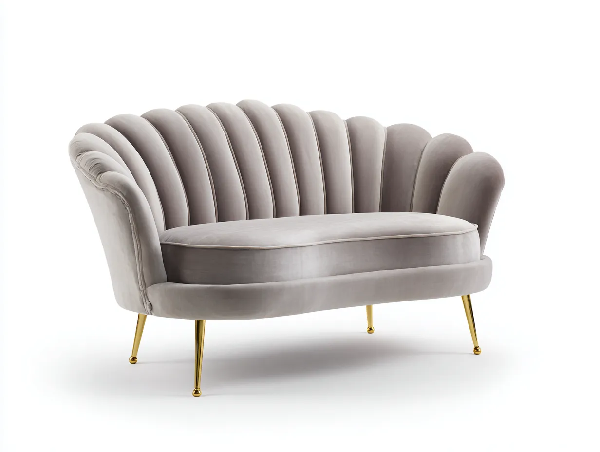 Canapé deux places en velours gris perle 150x85x88 cm - pieds dorés - design coquillage contemporain-Luxeixe