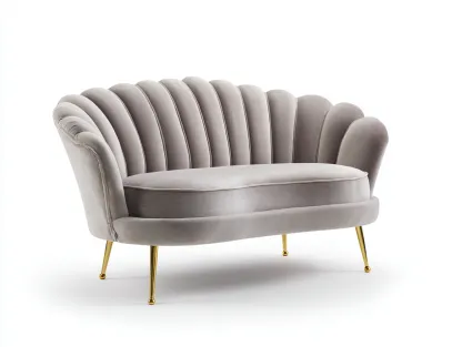 Canapé deux places en velours gris perle 150x85x88 cm - pieds dorés - design coquillage contemporain-Luxeixe