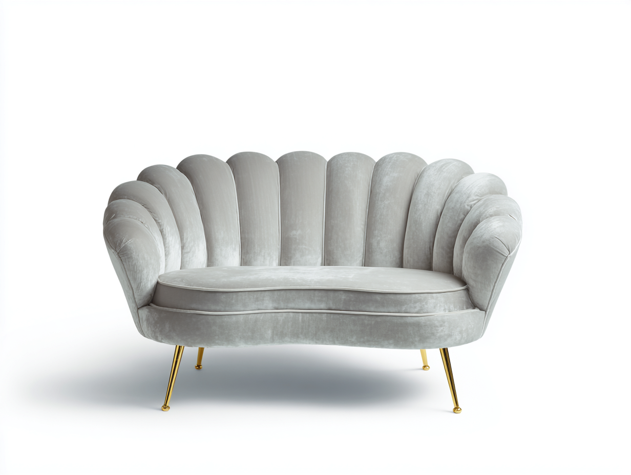 Canapé 2 places en velours gris clair 145x85x90 cm - pieds dorés - style coquillage art déco-Luxeixe