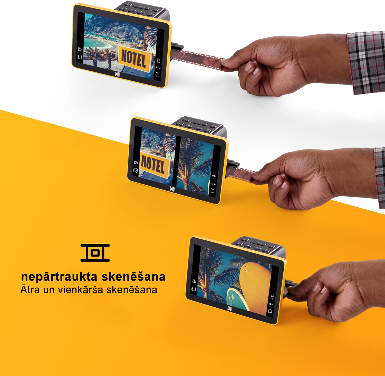 KODAK digitālo filmu skeneri, filmu un diapozitīvu skeneri, kas 35 mm, 126 mm, 110 mm krāsu un melnbaltos negatīvus un diapozitīvus pārvērš augstas izšķirtspējas, 22 megapikseļu JPEG formāta digitālās fotogrāfijās.