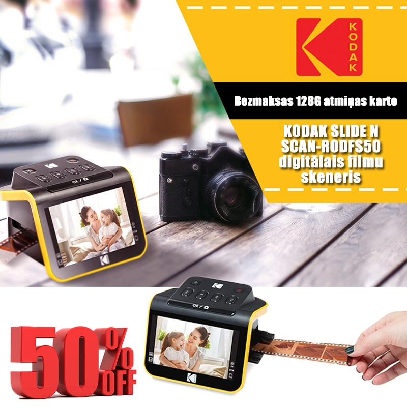 KODAK digitālo filmu skeneri, filmu un diapozitīvu skeneri, kas 35 mm, 126 mm, 110 mm krāsu un melnbaltos negatīvus un diapozitīvus pārvērš augstas izšķirtspējas, 22 megapikseļu JPEG formāta digitālās fotogrāfijās.