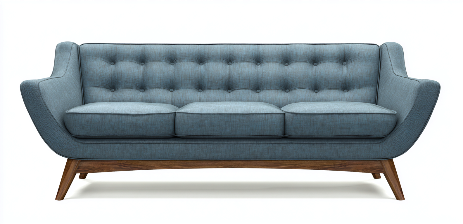 Canapé trois places en tissu bleu gris 200x90x85 cm - pieds en bois foncé - dossier capitonné style mid-century-Nicheovae