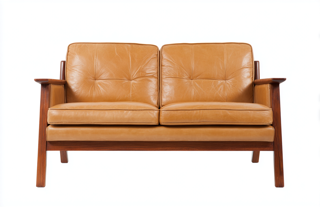 Canapé deux places en cuir véritable marron clair 160x85x80 cm - piètement en bois foncé - style mid-century-Nicheovae