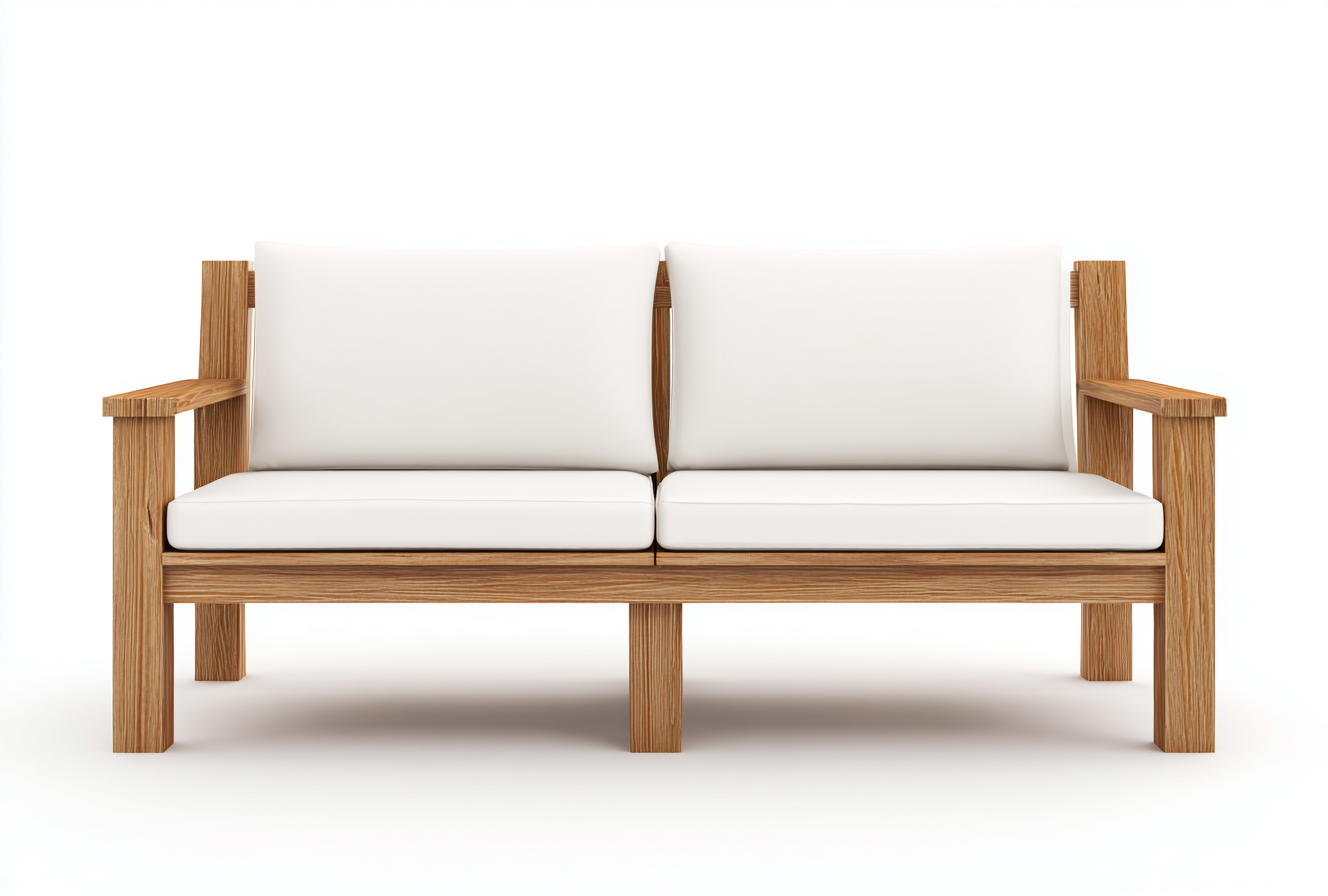 Canapé de jardin deux places en chêne clair avec coussins blancs - 145x75x85 cm - style naturel contemporain-Nicheovae