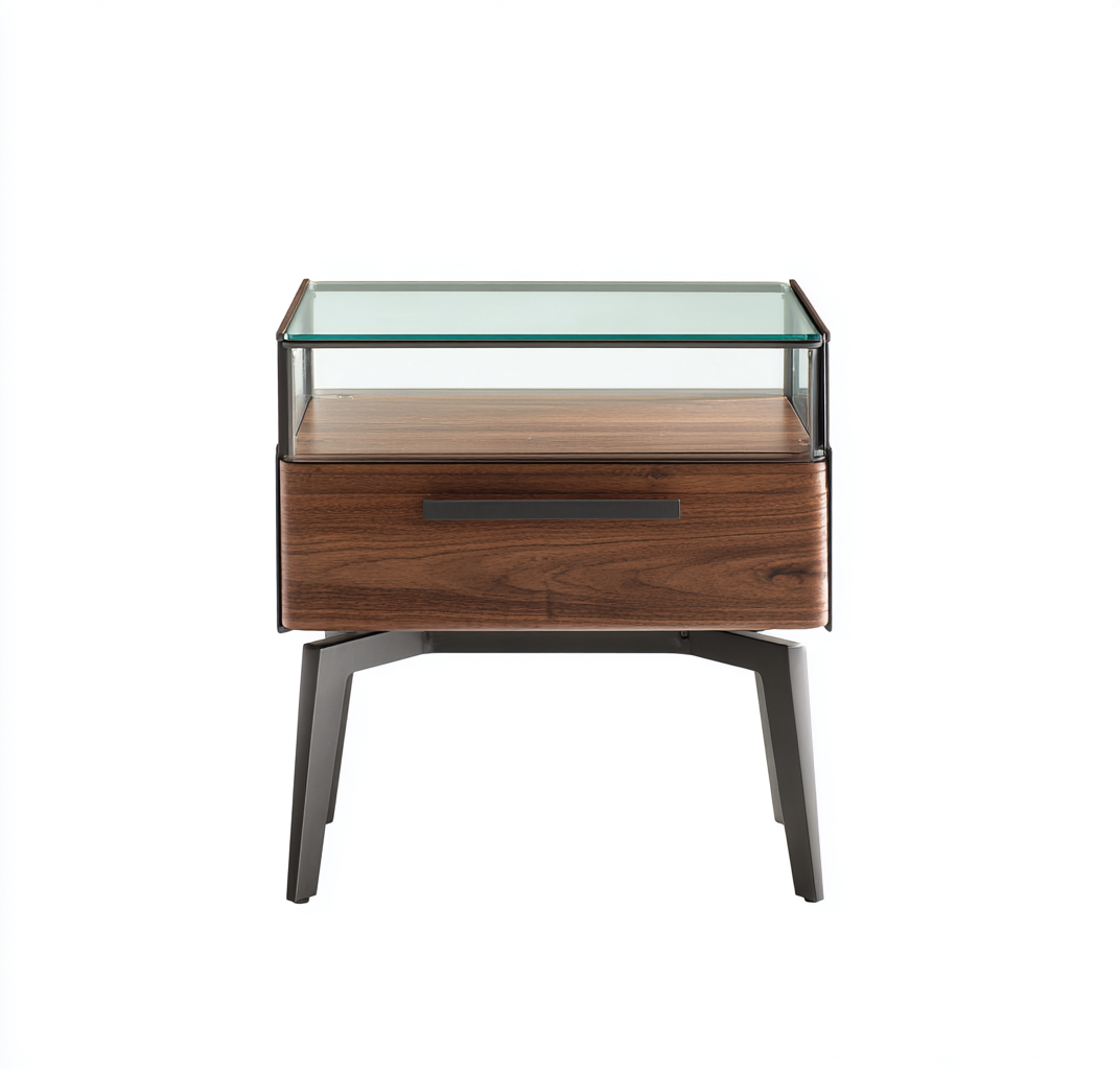 Table d'appoint carrée en bois, verre et métal 50x50x55 cm - noyer/transparent/gris foncé - style contemporain-Nicheovae