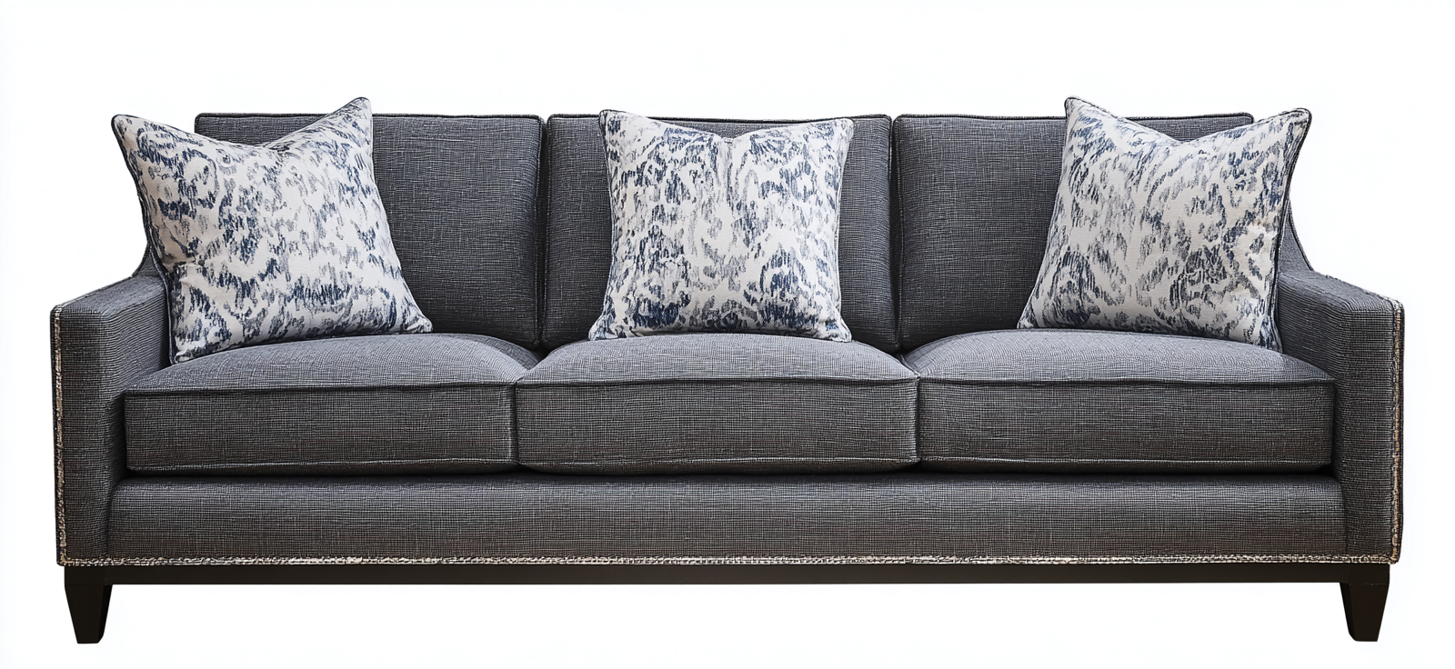 Canapé trois places en tissu gris foncé 215x92x85 cm - base en bois noir - style contemporain raffiné-Nicheovae