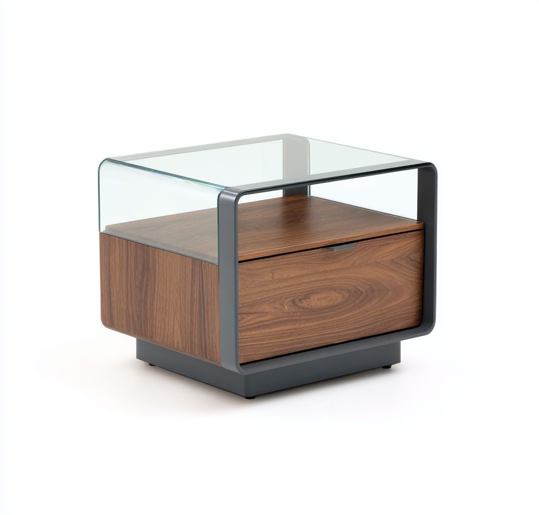 Table d'appoint en bois, verre et métal 55x45x50 cm - noyer, transparent et gris foncé - design contemporain-Nicheovae