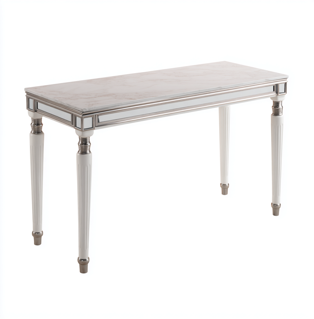 Table d'appoint rectangulaire en marbre et métal - 110x35x80 cm - blanc/argent - style classique-Nicheovae