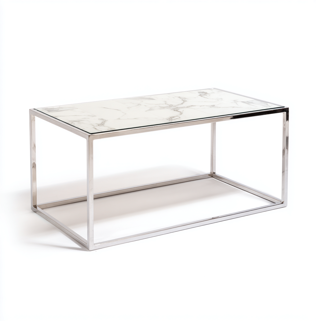 Table basse rectangulaire en métal et marbre 100x50x45 cm - blanc/argent - style moderne-Nicheovae