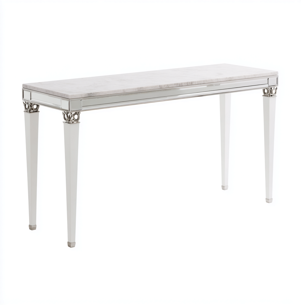 Table d'appoint rectangulaire en marbre et métal 120x40x78 cm - blanc et argent - style classique élégant-Nicheovae