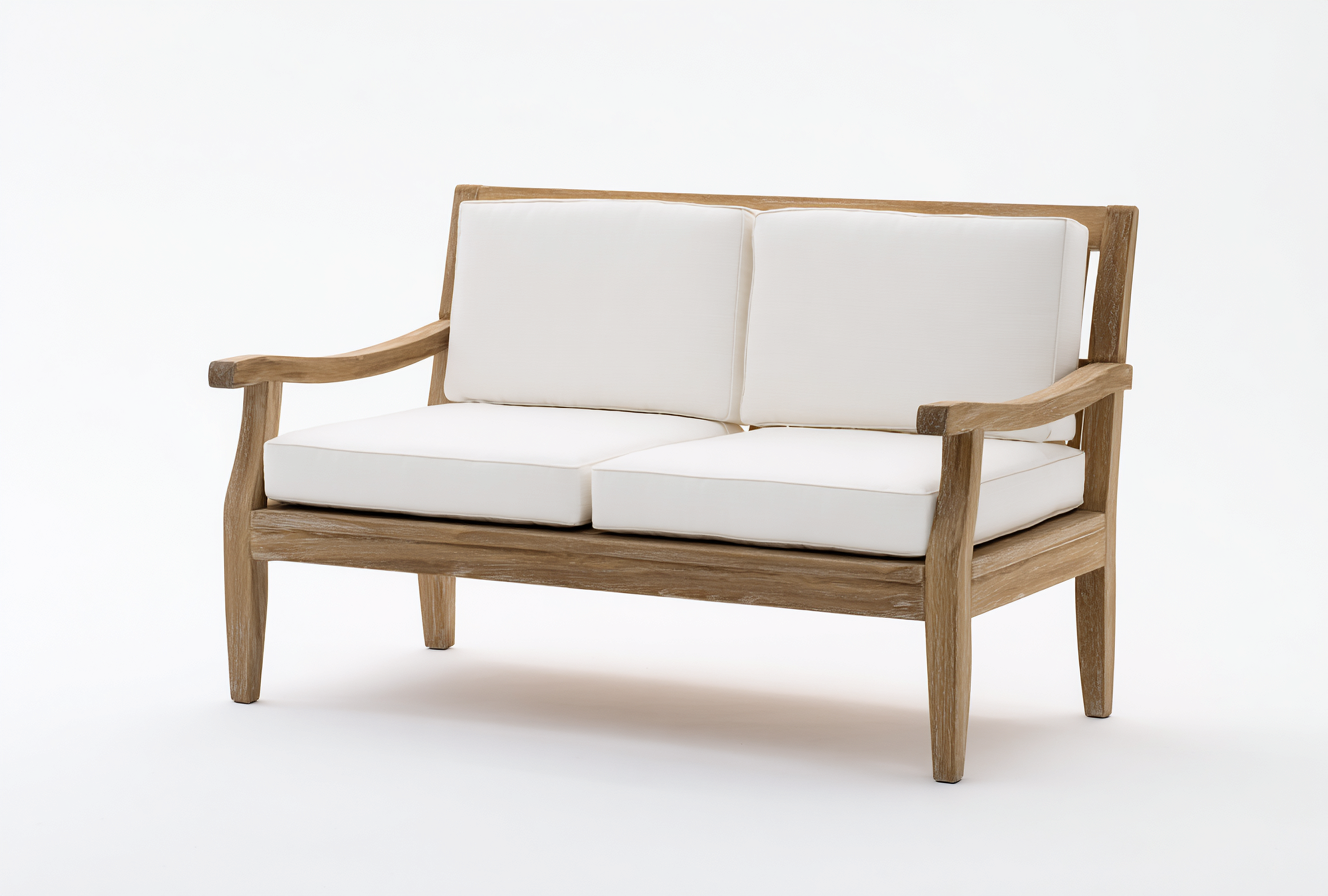 Canapé de jardin deux places en teck et tissu blanc 155x70x85 cm - blanc/teck - style naturel contemporain-Nicheovae
