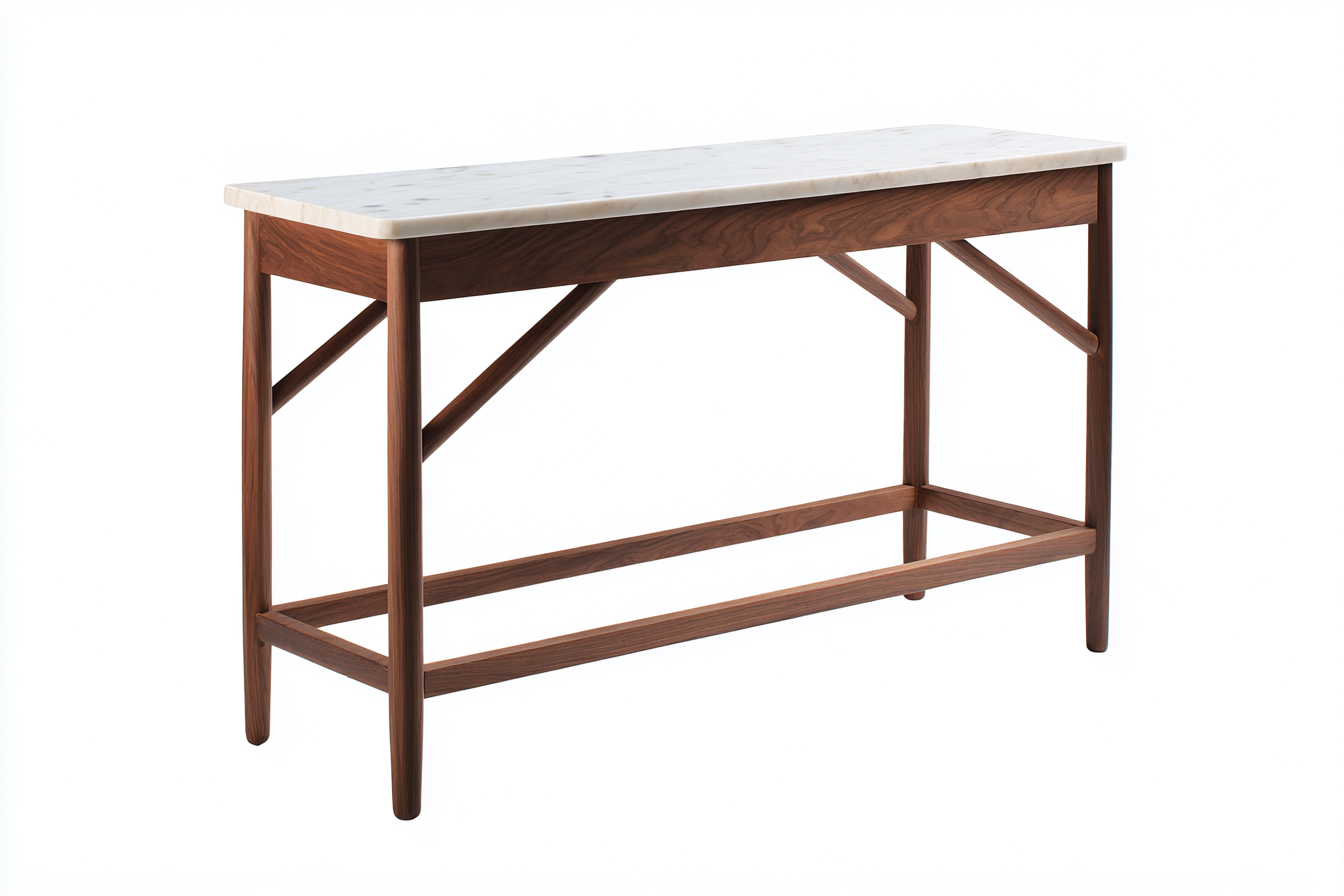 Table d'appoint rectangulaire en bois et marbre 120x35x80 cm - couleur noyer/ blanc - style contemporain-Nicheovae