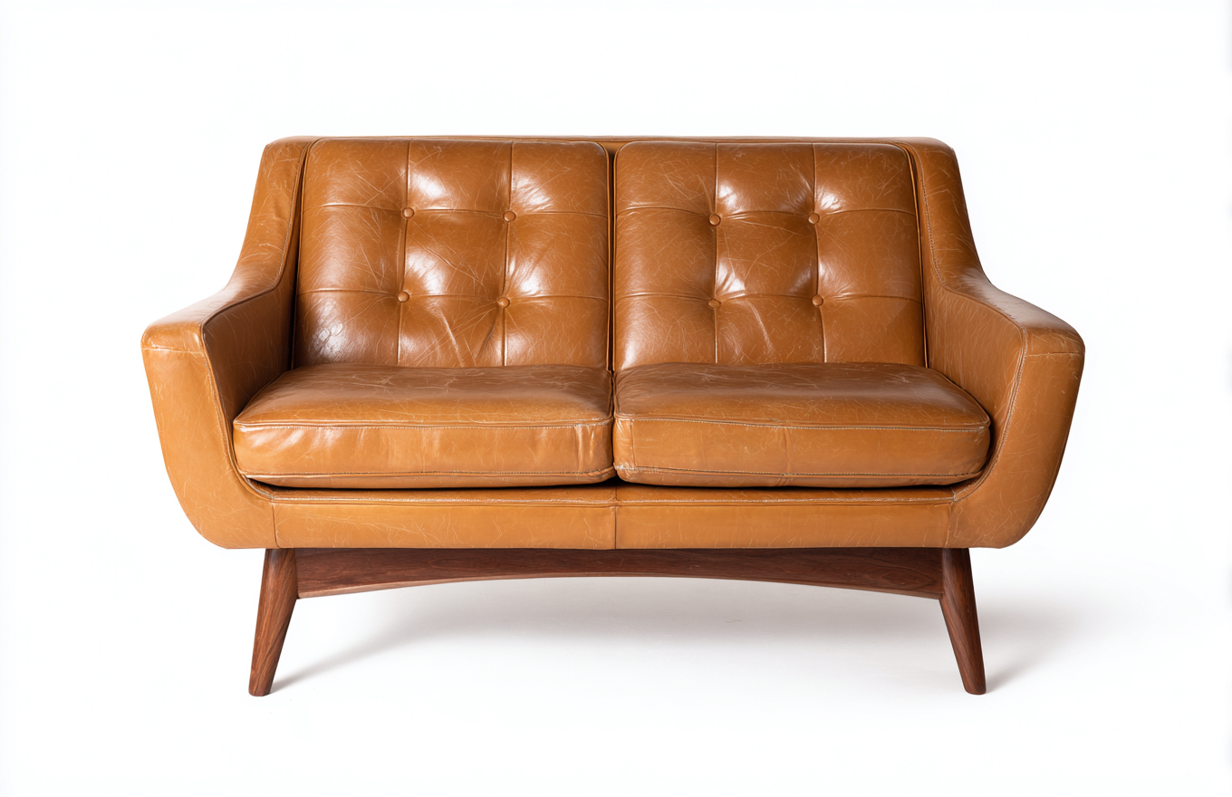 Canapé deux places en cuir véritable brun et bois foncé 160x85x85 cm - structure en bois massif - style scandinave vintage-Nicheovae