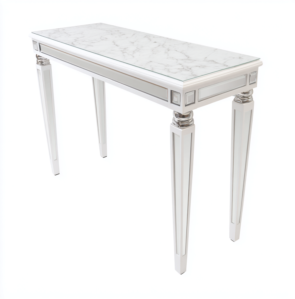 Table d'appoint rectangulaire en bois et marbre 110x35x80 cm - blanc/argenté - style classique chic-Nicheovae