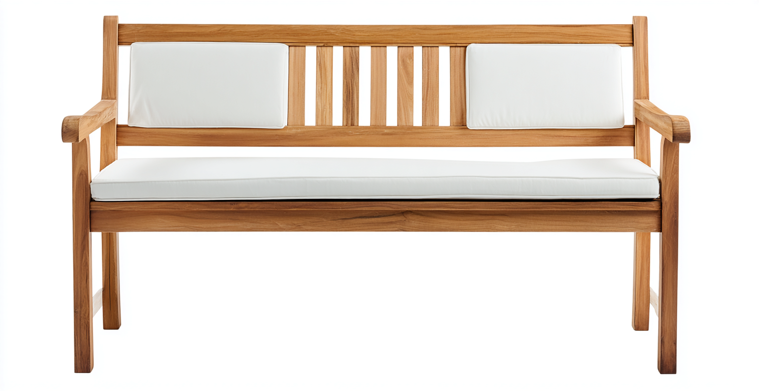 Banc de jardin en chêne clair avec coussins blancs - 150x60x90 cm - style naturel contemporain-Nicheovae