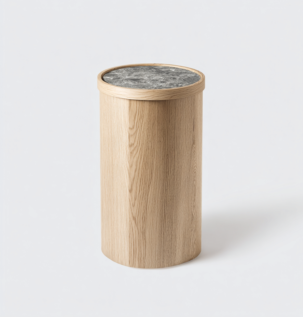 Table d'appoint cylindrique en bois clair et marbre - 35x35x50 cm - chêne clair/gris - style contemporain-Nicheovae