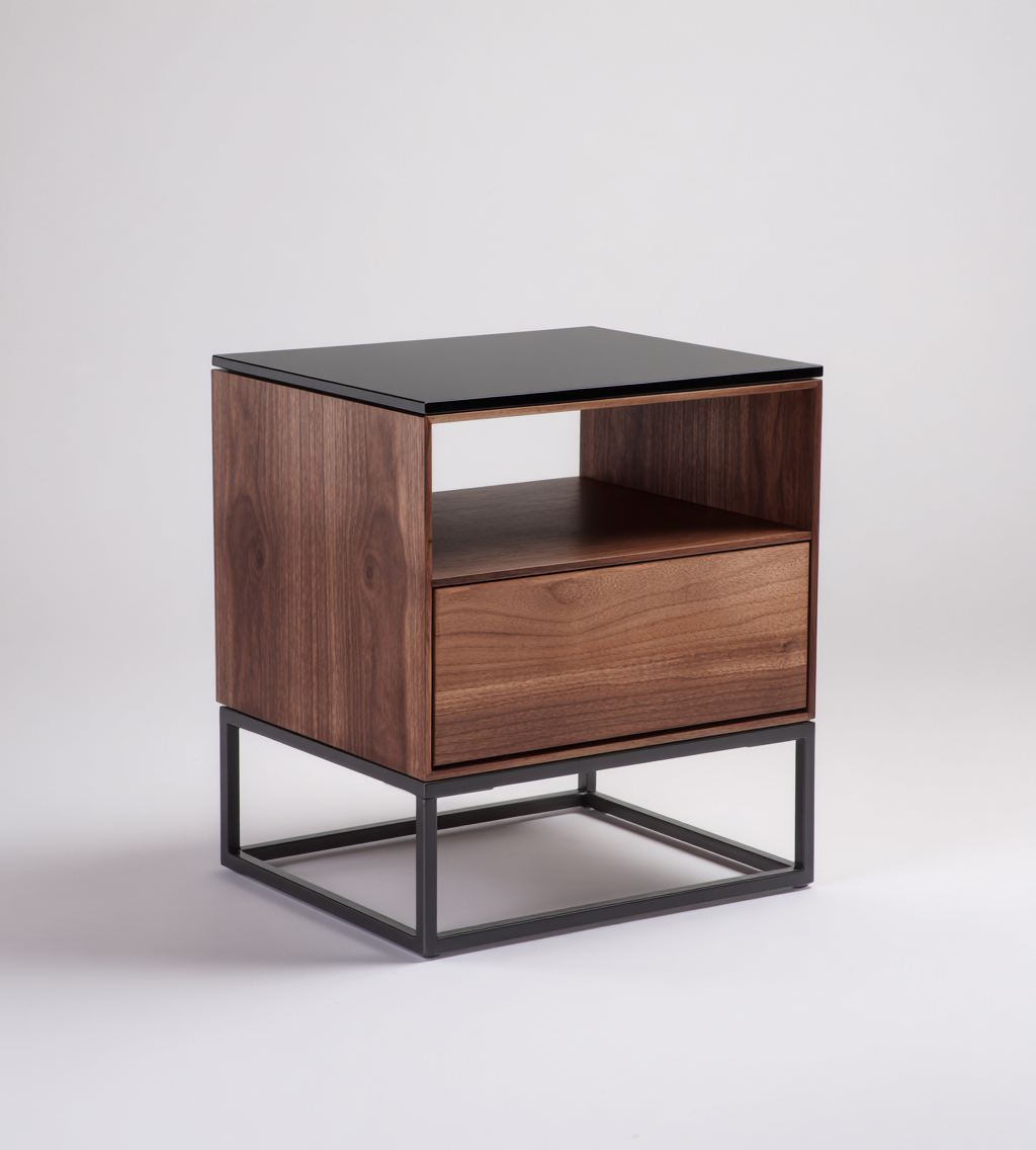 Table d'appoint carrée en bois de noyer, verre et métal - 45x45x60 cm - noyer/noir/gris foncé - style moderne-Nicheovae