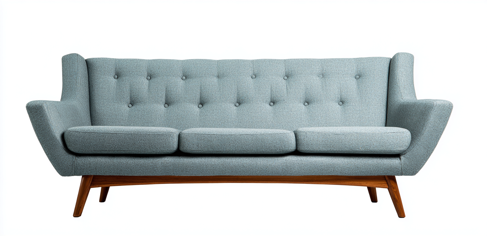 Canapé trois places en tissu bleu gris 200x90x85 cm - pieds en bois foncé - dossier capitonné style scandinave-Nicheovae