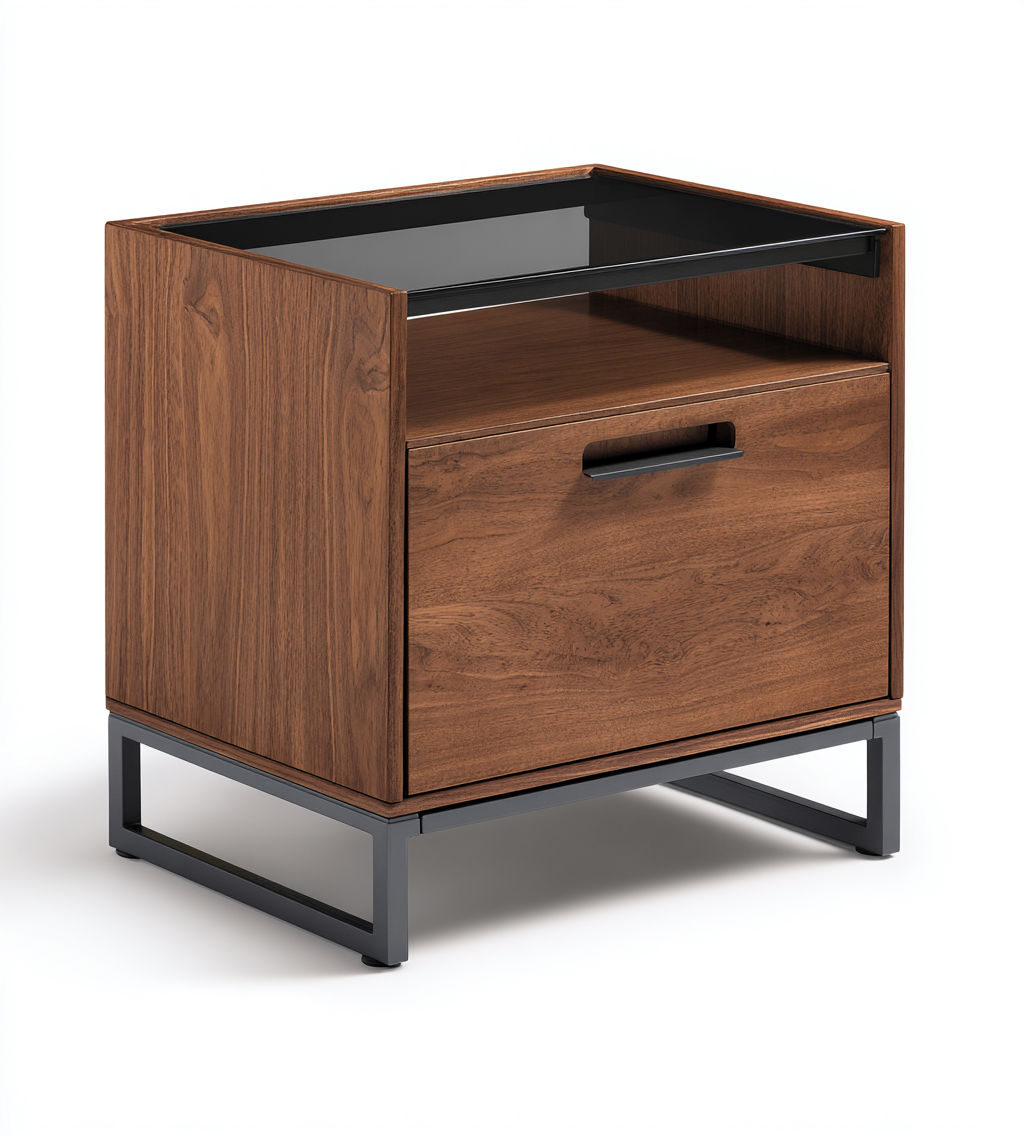 Table d'appoint carrée en bois, verre et métal 50x50x55 cm - noyer/verre noir/gris foncé - style contemporain industriel-Nicheovae