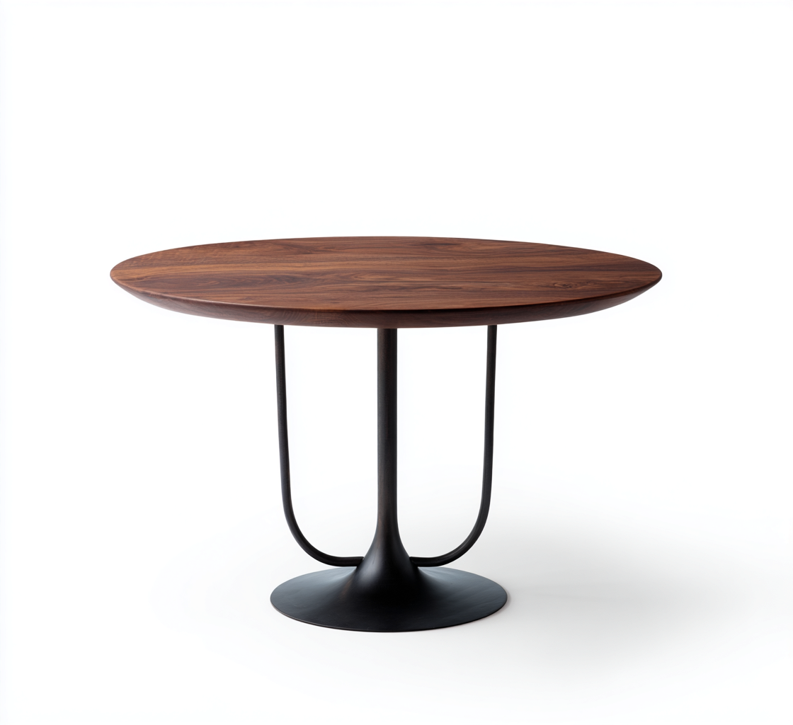 Table de salle à manger ronde en bois noyer foncé et métal noir 120x120x75 cm - style contemporain-Nicheovae