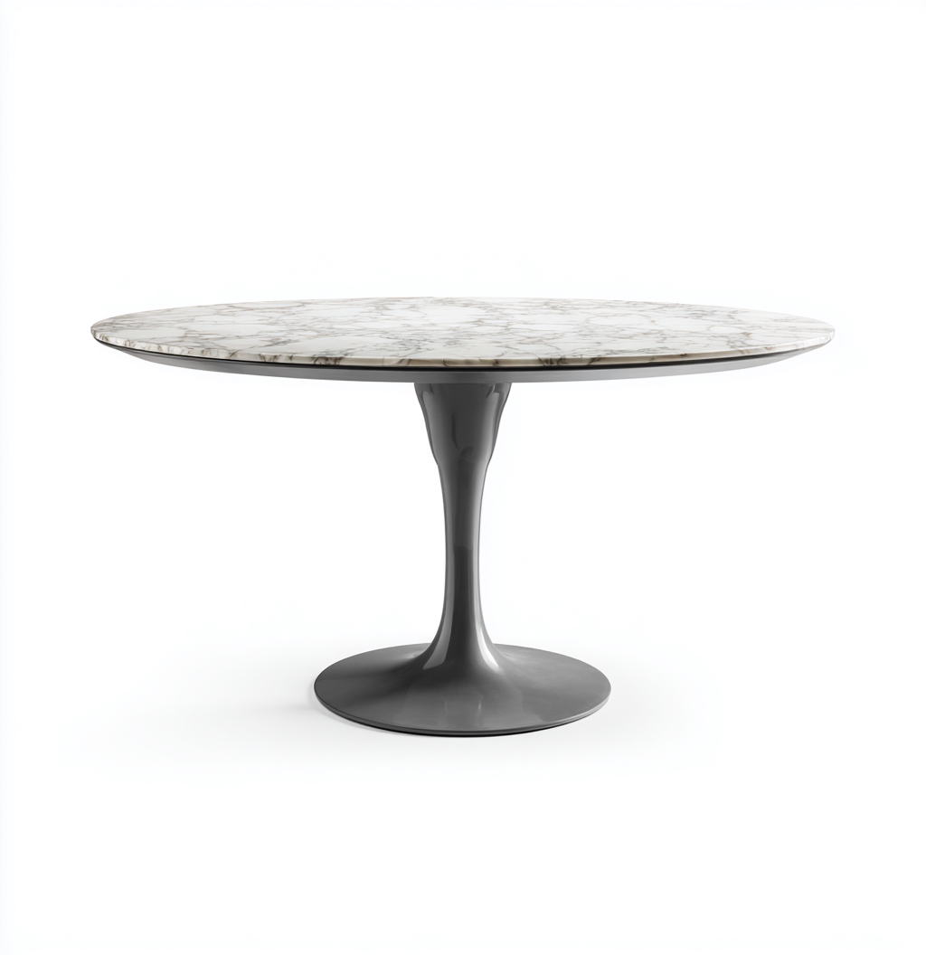 Table à manger ronde en marbre et métal 130x130x75 cm - blanc/gris - style contemporain-Nicheovae