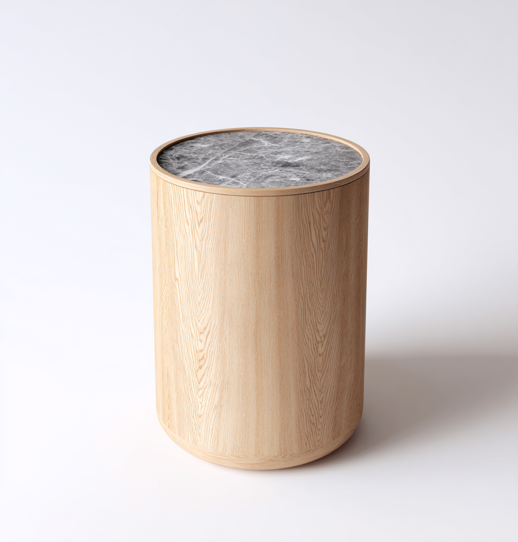 Table d'appoint ronde en bois et marbre 40x40x50 cm - bois clair/gris - style moderne naturel-Nicheovae